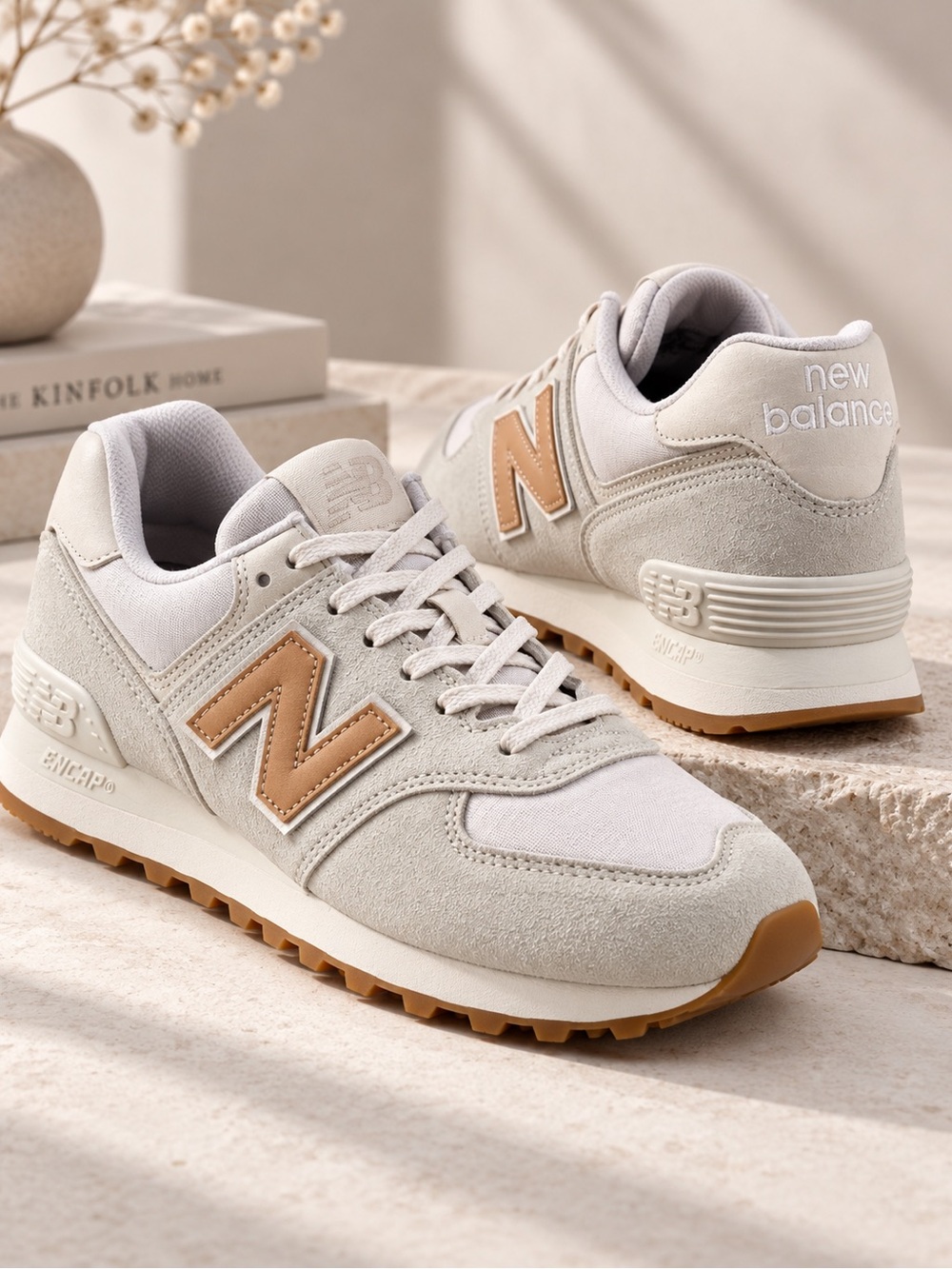 New Balance 574 WL574CLS Womens 8 Gray Suede Tan Gum Sole Classic Sneakers